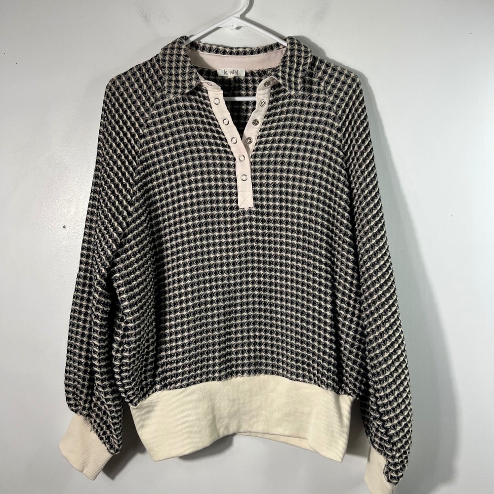 La Miel Black Cream Geometric Diamond Knit Snap Henley Pullover Sweatshirt M